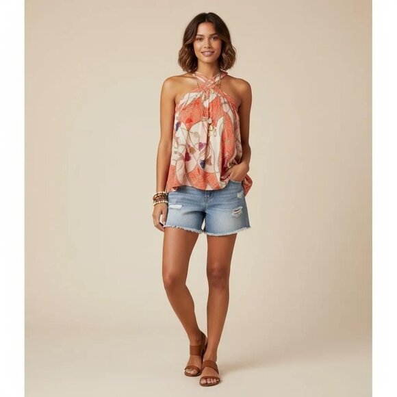 ENTRO Orange & Pink Boho Style Tassel Print Flowy Halter Top Size Large - Picture 1 of 10